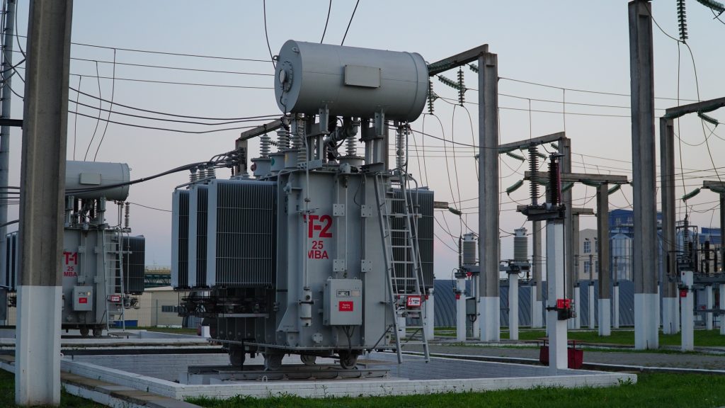 Power transformer. Electrical equipment. Electric substation. High voltage transformer.